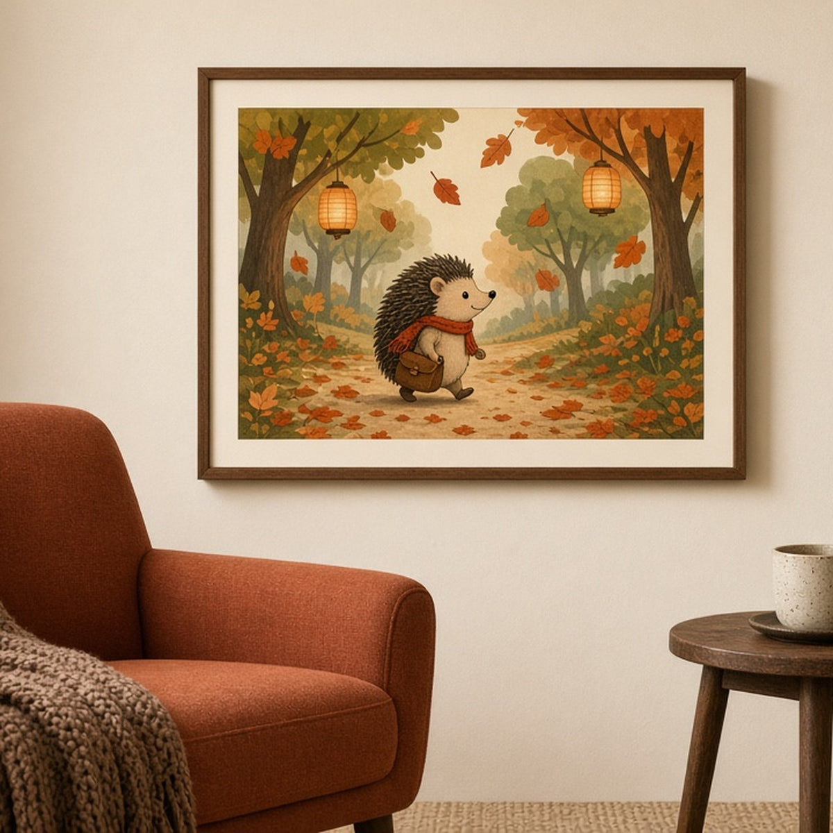 Hedgehog in an autumn lantern grove shown as a flat framed print in a living room, made with prompt #12