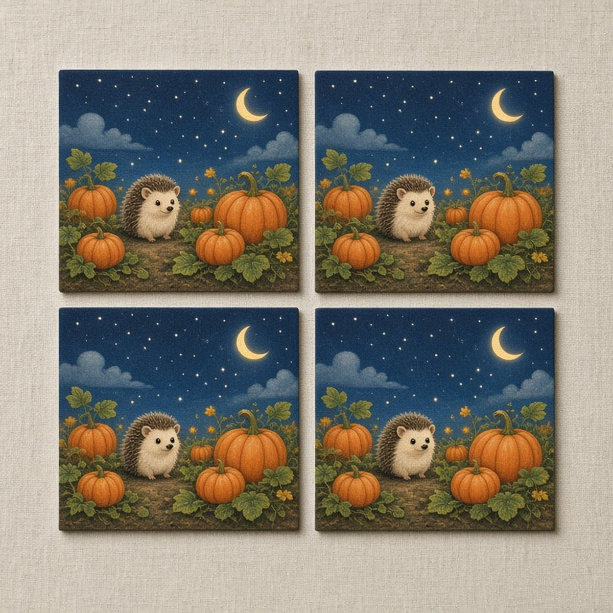 Hedgehog in a moonlit pumpkin garden printed flat on a set of four coasters, made with prompt #56