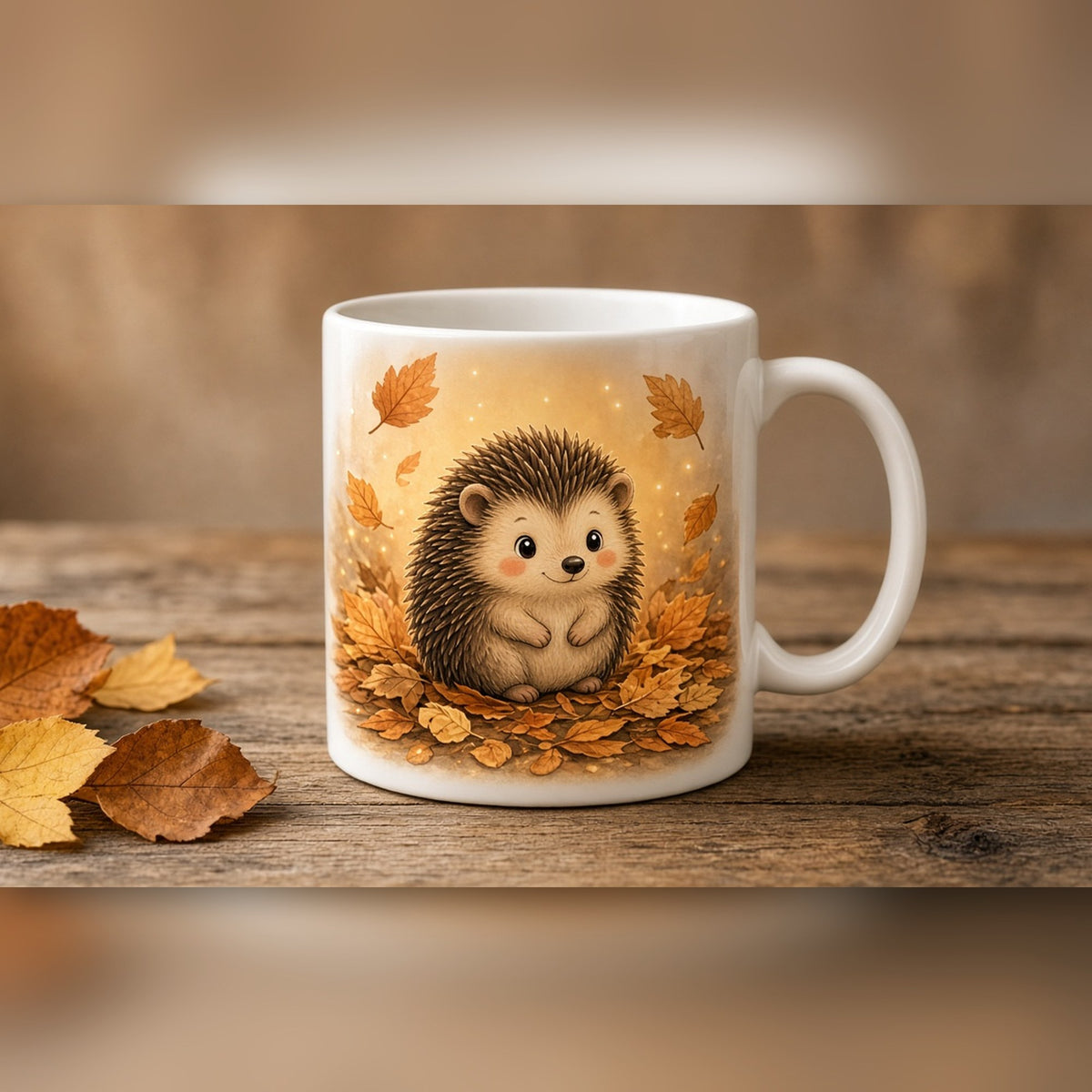 Hedgehog under sparkling amber light printed flat on a ceramic mug, made with prompt #101