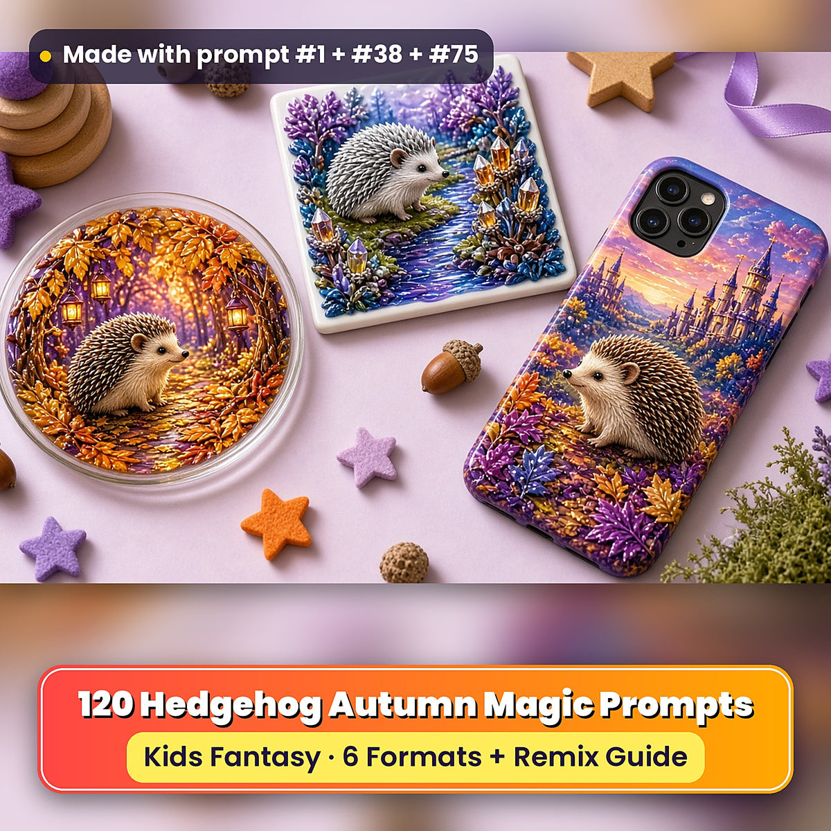Hedgehog Autumn Magic kids fantasy prompt pack: UV-printed coaster, tile and phone case set mockup, made with prompt #1 + #38 + #75