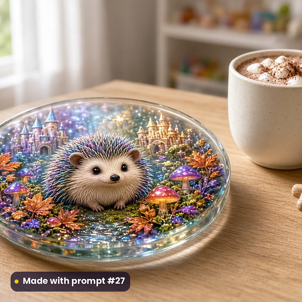 Hedgehog Autumn Magic kids fantasy prompt pack: UV-printed glass coaster mockup, made with prompt #27