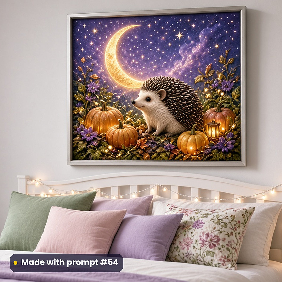 Hedgehog Autumn Magic kids fantasy prompt pack: framed nursery print mockup, made with prompt #54