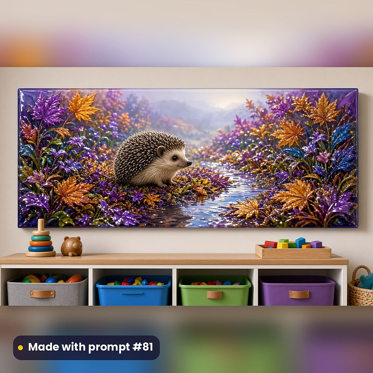 Hedgehog Autumn Magic kids fantasy prompt pack: acrylic wall panel above a toy shelf mockup, made with prompt #81