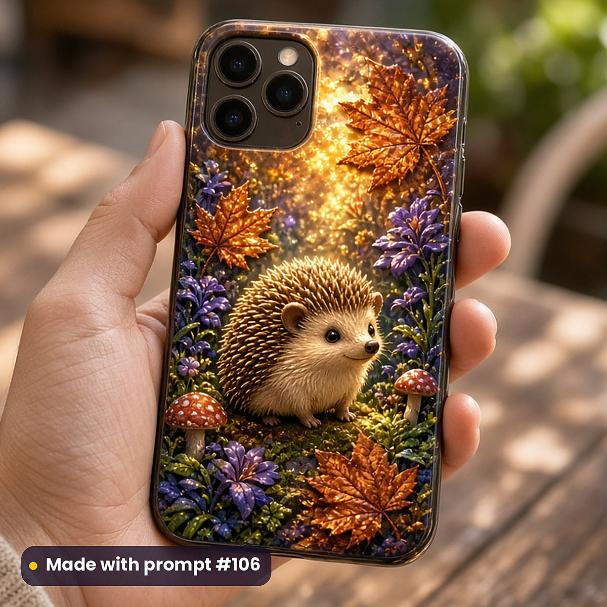 Hedgehog Autumn Magic kids fantasy prompt pack: UV-printed phone case mockup, made with prompt #106