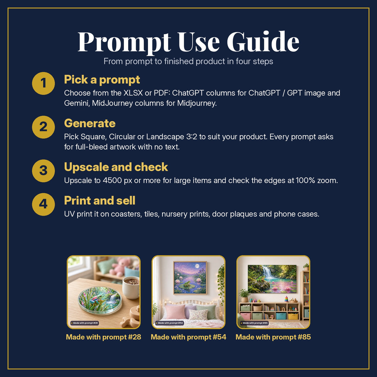 Prompt Use Guide for the Frog Fairy Ponds Kids Fantasy Prompt Pack: pick a prompt, generate, upscale and check, print and sell, with sample products made with the pack's prompts