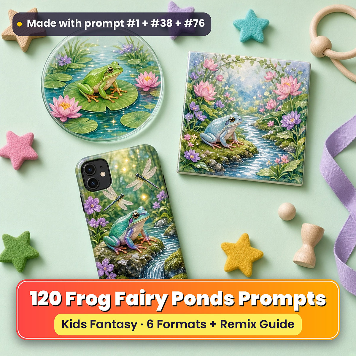 Frog Fairy Ponds kids' fantasy prompt pack title card with UV-printed coaster, tile and phone case, made with prompt #1 + #38 + #76
