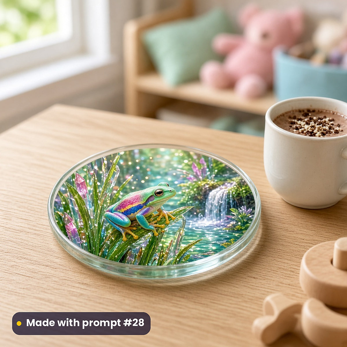 Frog Fairy Ponds kids' fantasy artwork UV-printed on a glass coaster, made with prompt #28