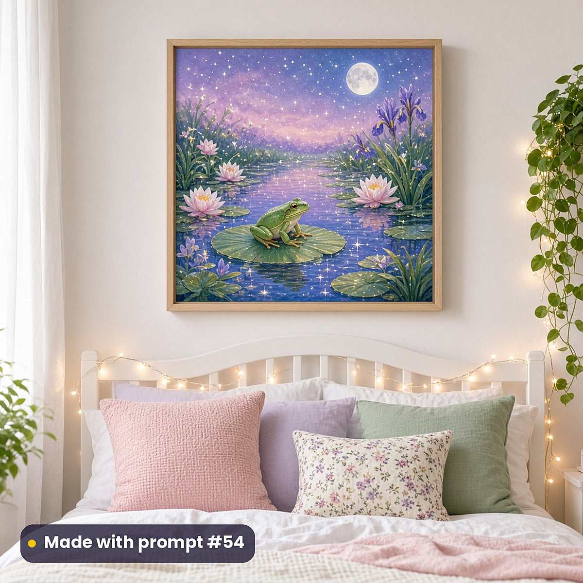 Frog Fairy Ponds kids' fantasy artwork UV-printed on a framed print, made with prompt #54
