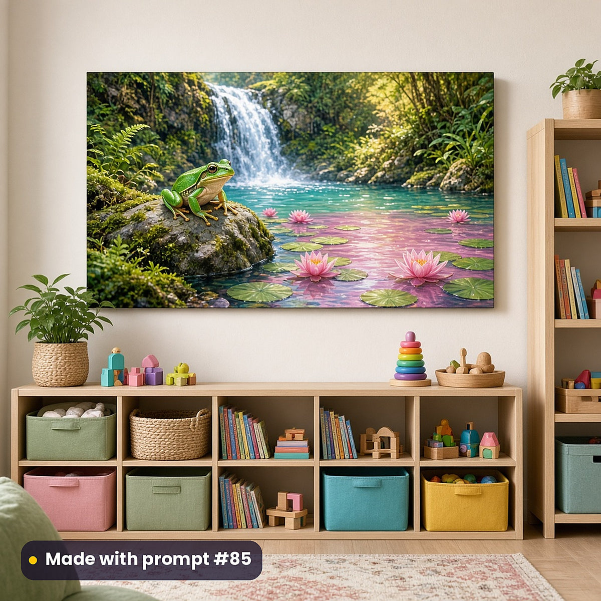 Frog Fairy Ponds kids' fantasy artwork UV-printed on an acrylic wall panel, made with prompt #85