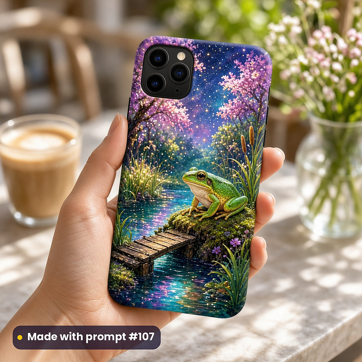 Frog Fairy Ponds kids' fantasy artwork UV-printed on a phone case, made with prompt #107