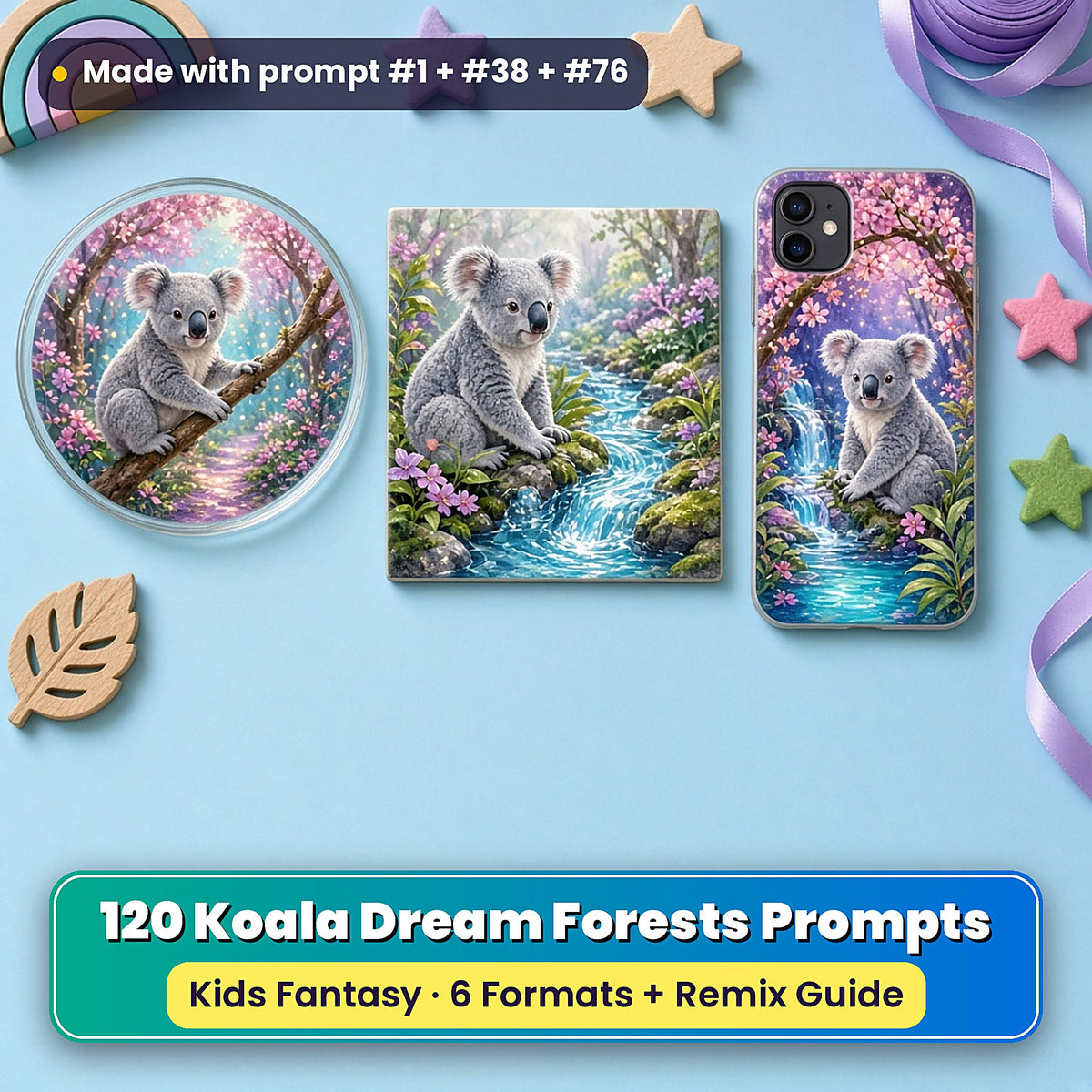 Koala Dream Forests kids' fantasy prompt pack title card with UV-printed coaster, tile and phone case, made with prompt #1 + #38 + #76