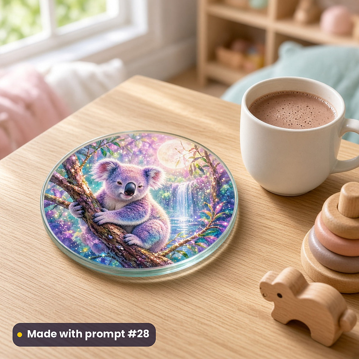 Koala Dream Forests kids' fantasy artwork UV-printed on a glass coaster, made with prompt #28