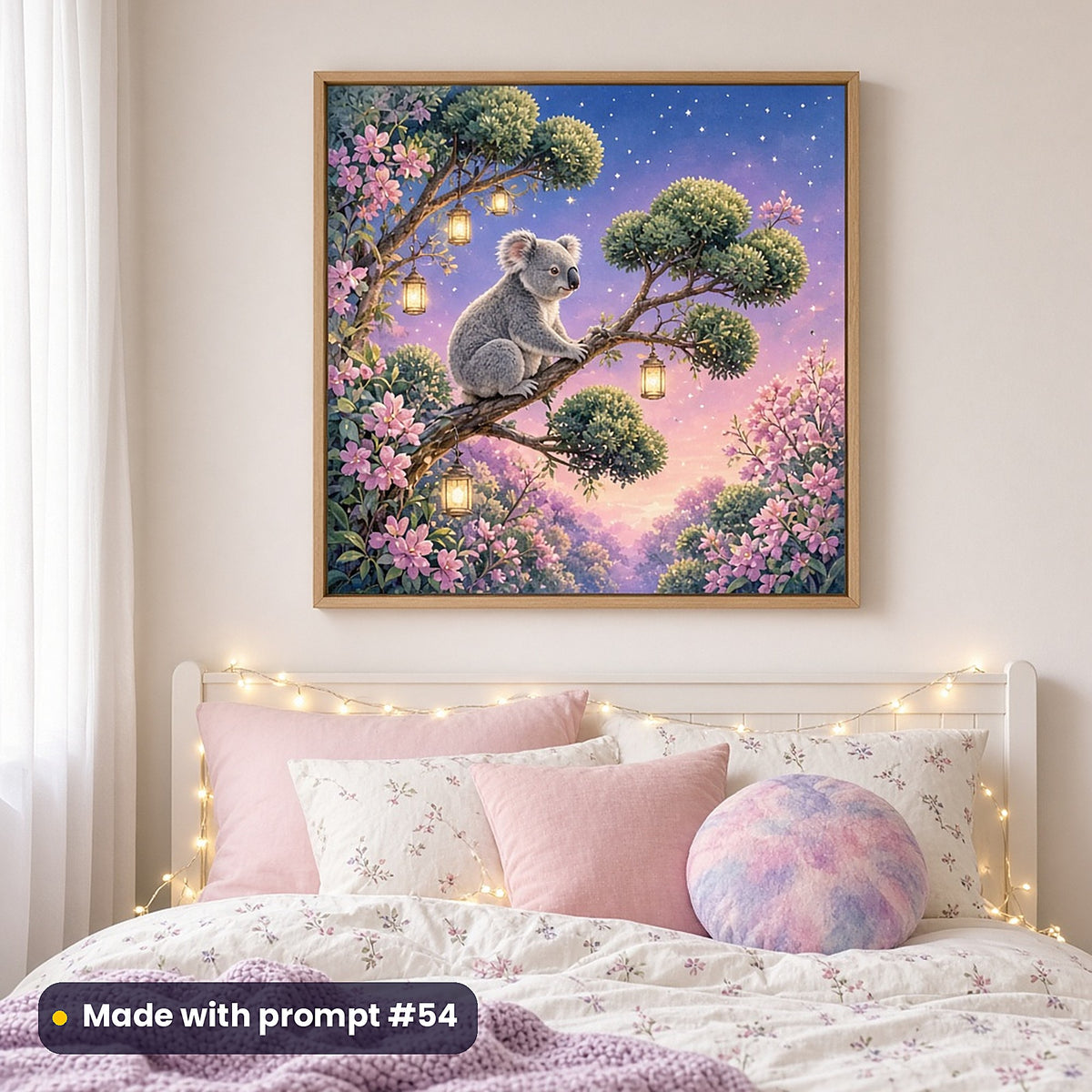Koala Dream Forests kids' fantasy artwork UV-printed on a framed print, made with prompt #54