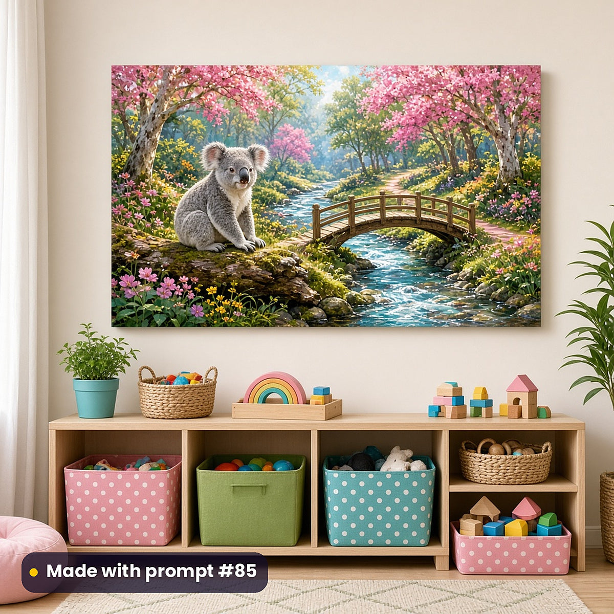 Koala Dream Forests kids' fantasy artwork UV-printed on an acrylic wall panel, made with prompt #85