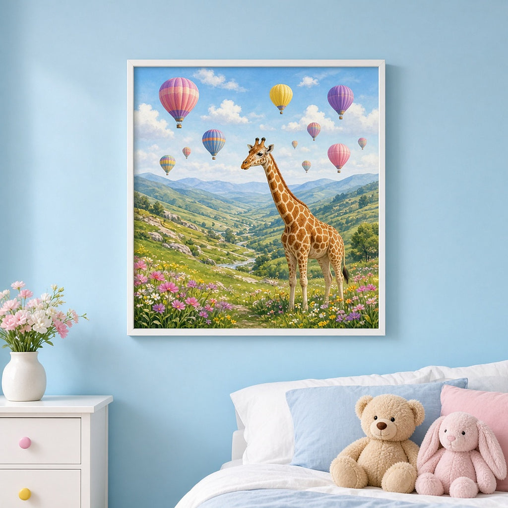 Magical giraffe in a balloon-filled valley printed flat on a framed print in a child's bedroom, made with prompt #11