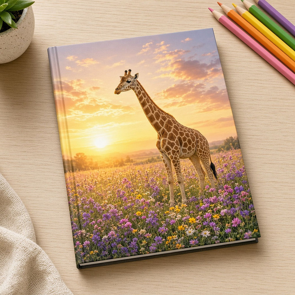 Giraffe in a golden sunset meadow printed flat on a notebook, made with prompt #55