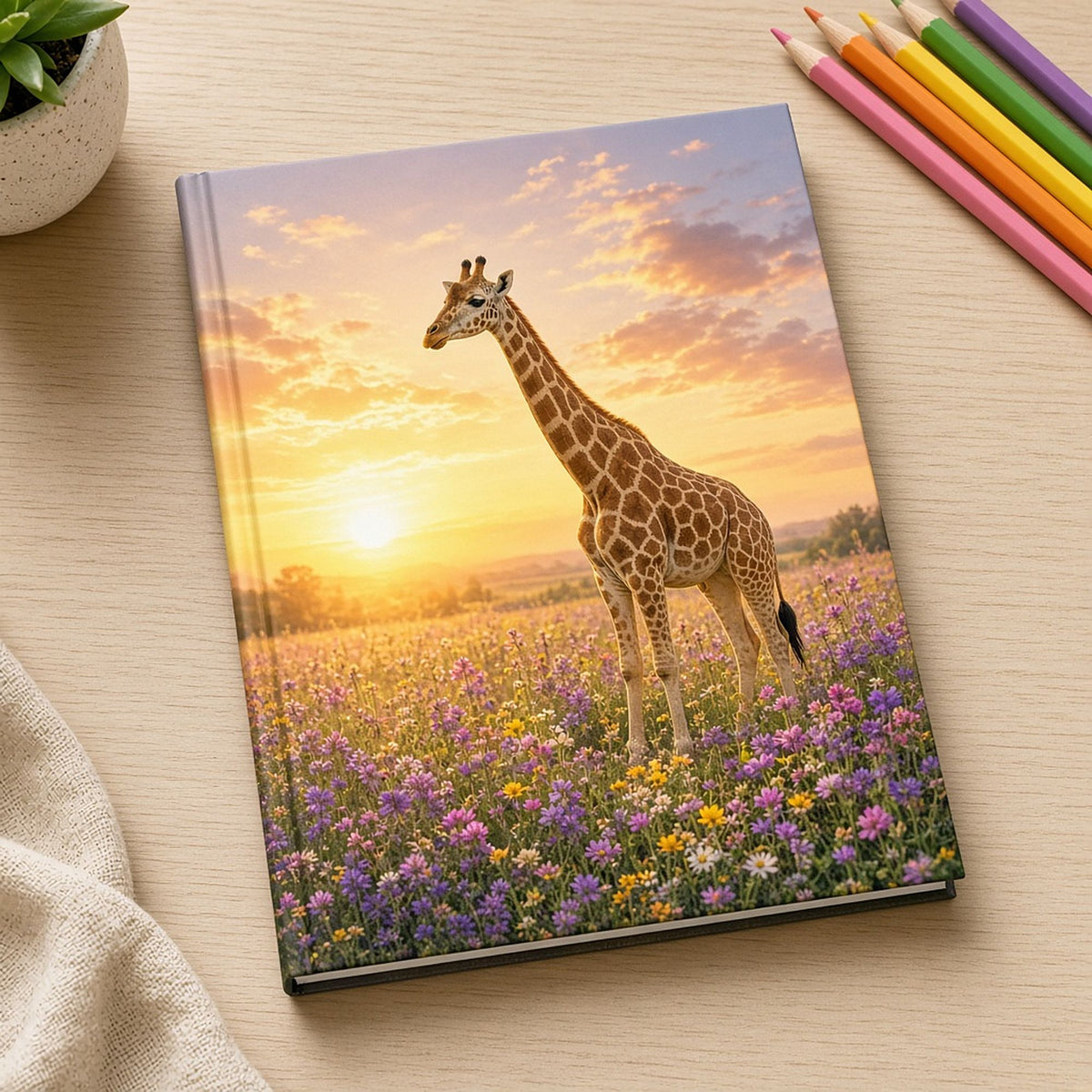 Giraffe in a golden sunset meadow printed flat on a notebook, made with prompt #55