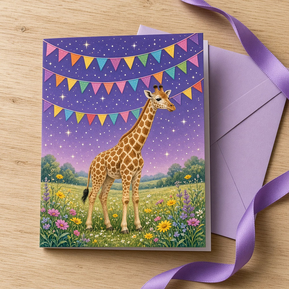 Giraffe under magical bunting and stars printed flat on a greeting card, made with prompt #100