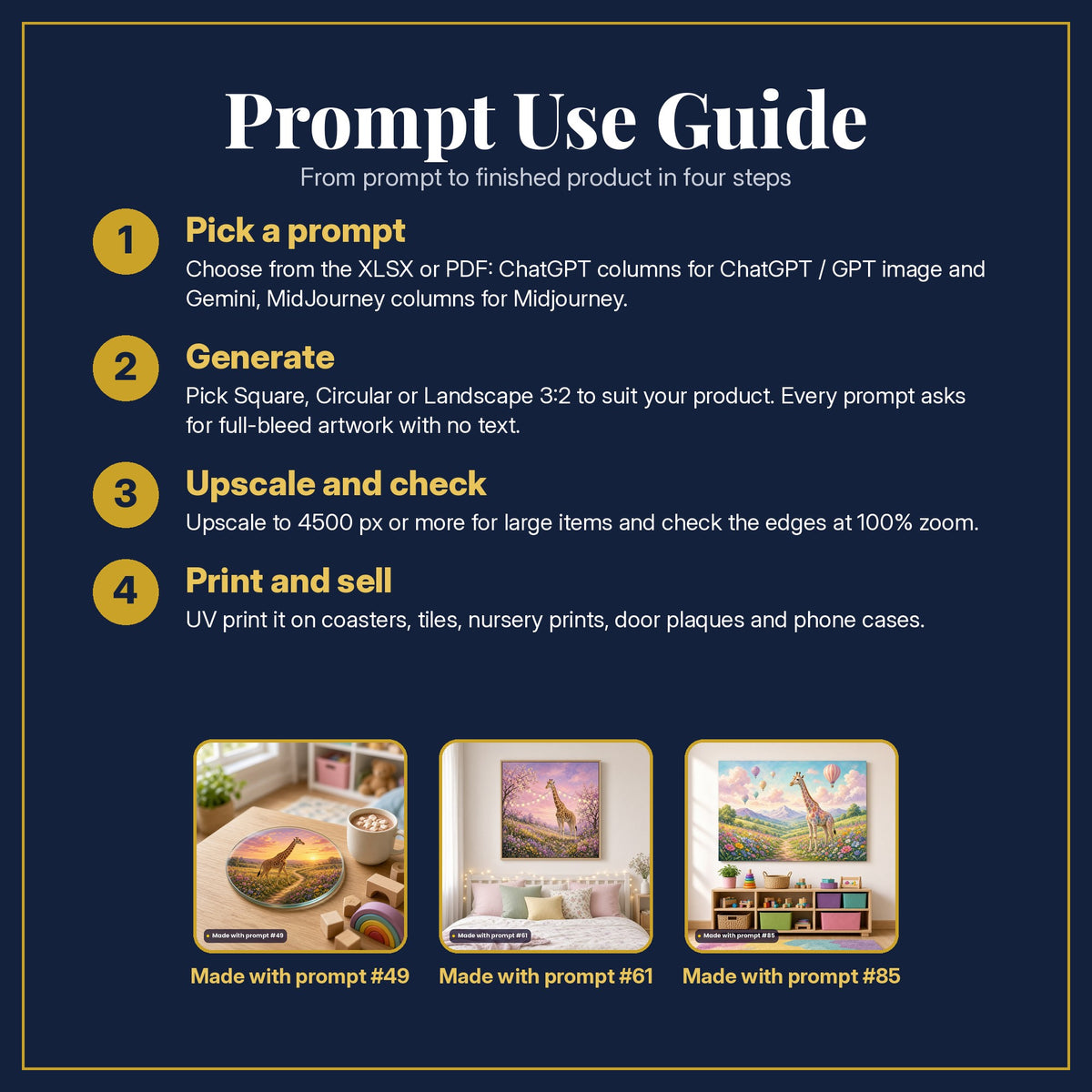 Prompt Use Guide for the Giraffe Balloon Valleys Kids Fantasy Prompt Pack: pick a prompt, generate, upscale and check, print and sell, with sample products made with the pack's prompts