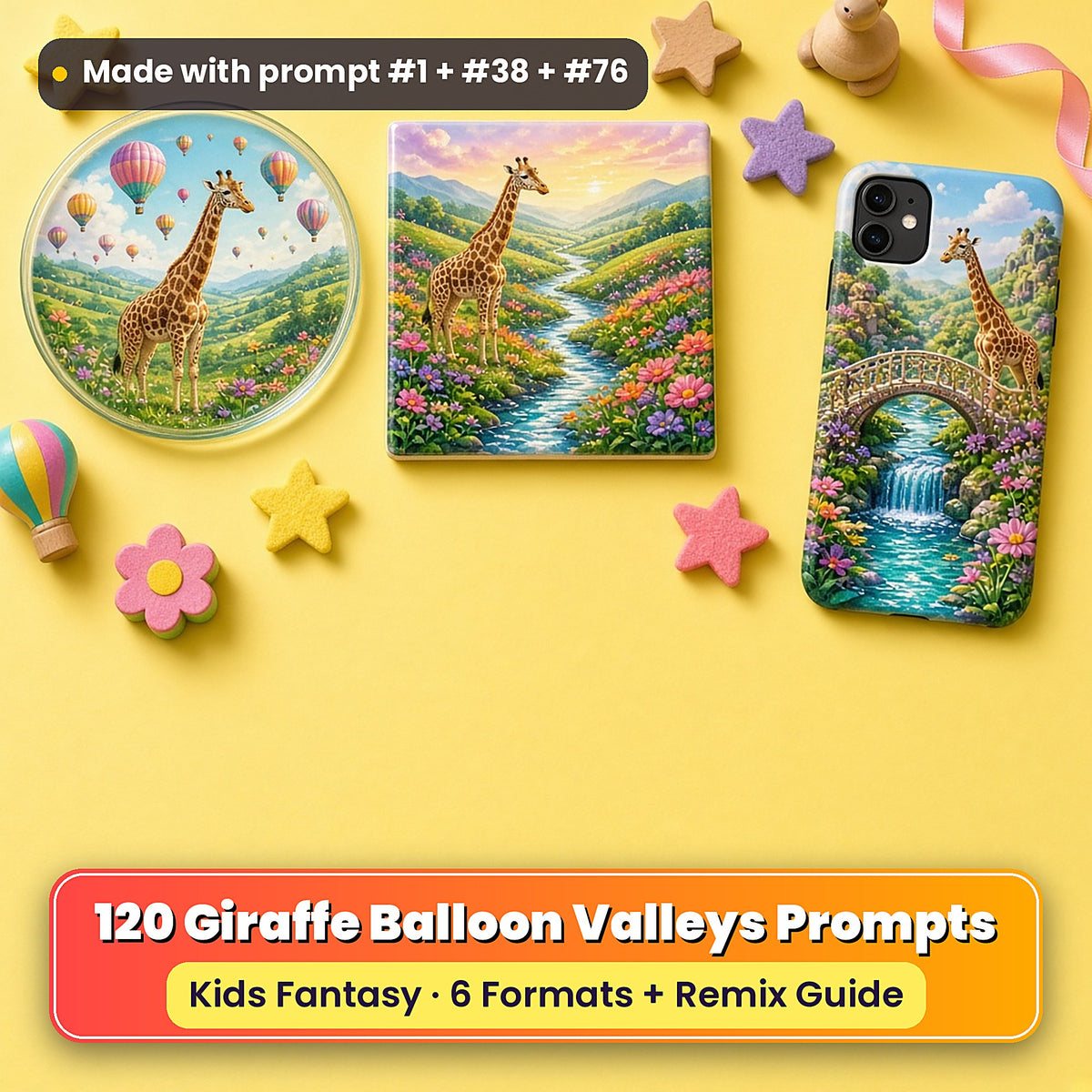 Giraffe Balloon Valleys kids' fantasy prompt pack title card with UV-printed coaster, tile and phone case, made with prompt #1 + #38 + #76
