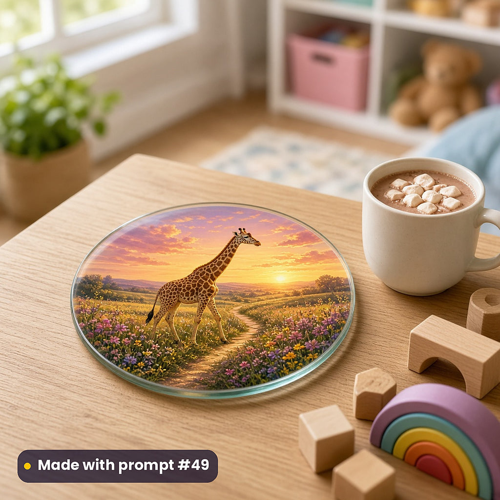 Giraffe Balloon Valleys kids' fantasy artwork UV-printed on a glass coaster, made with prompt #49