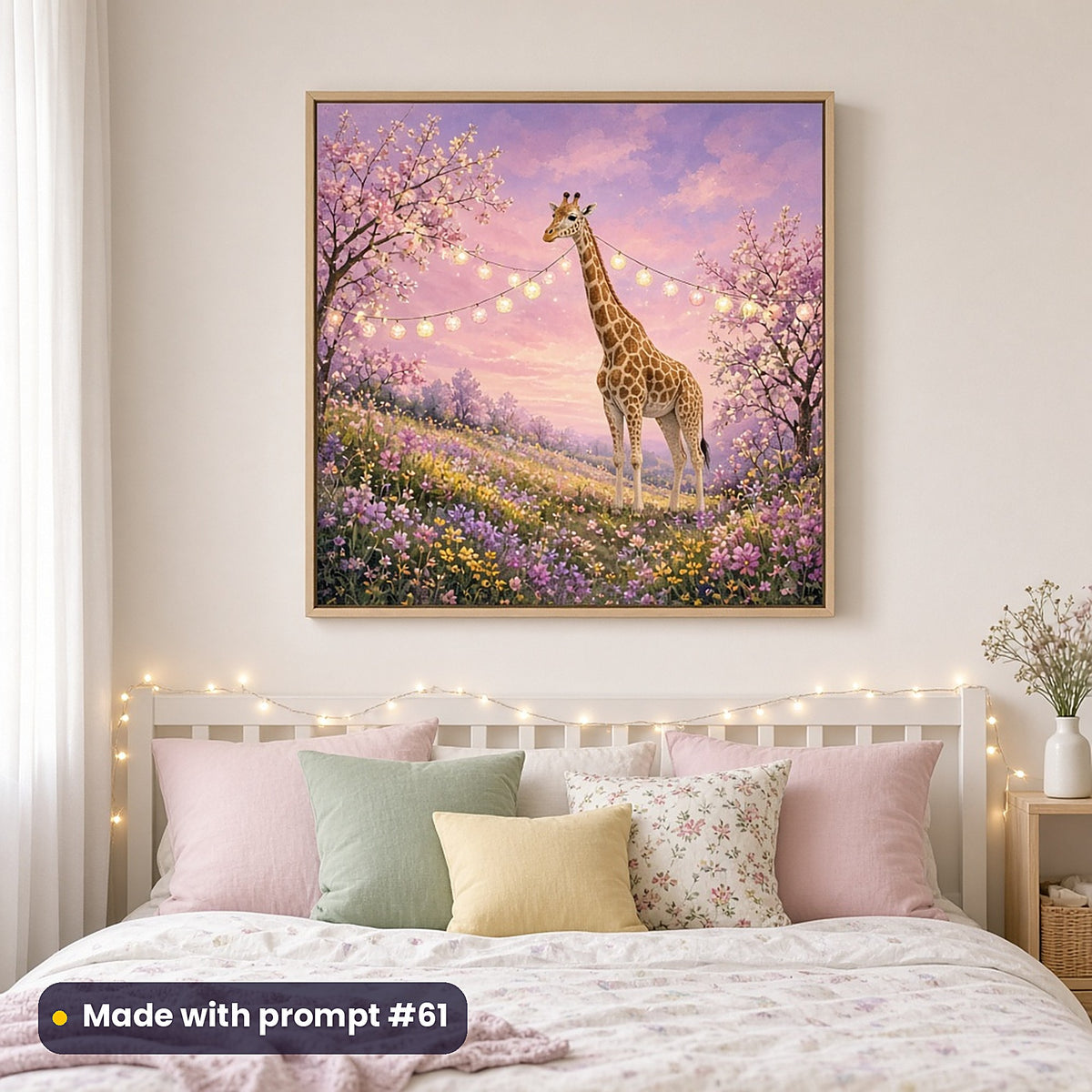 Giraffe Balloon Valleys kids' fantasy artwork UV-printed on a framed print, made with prompt #61