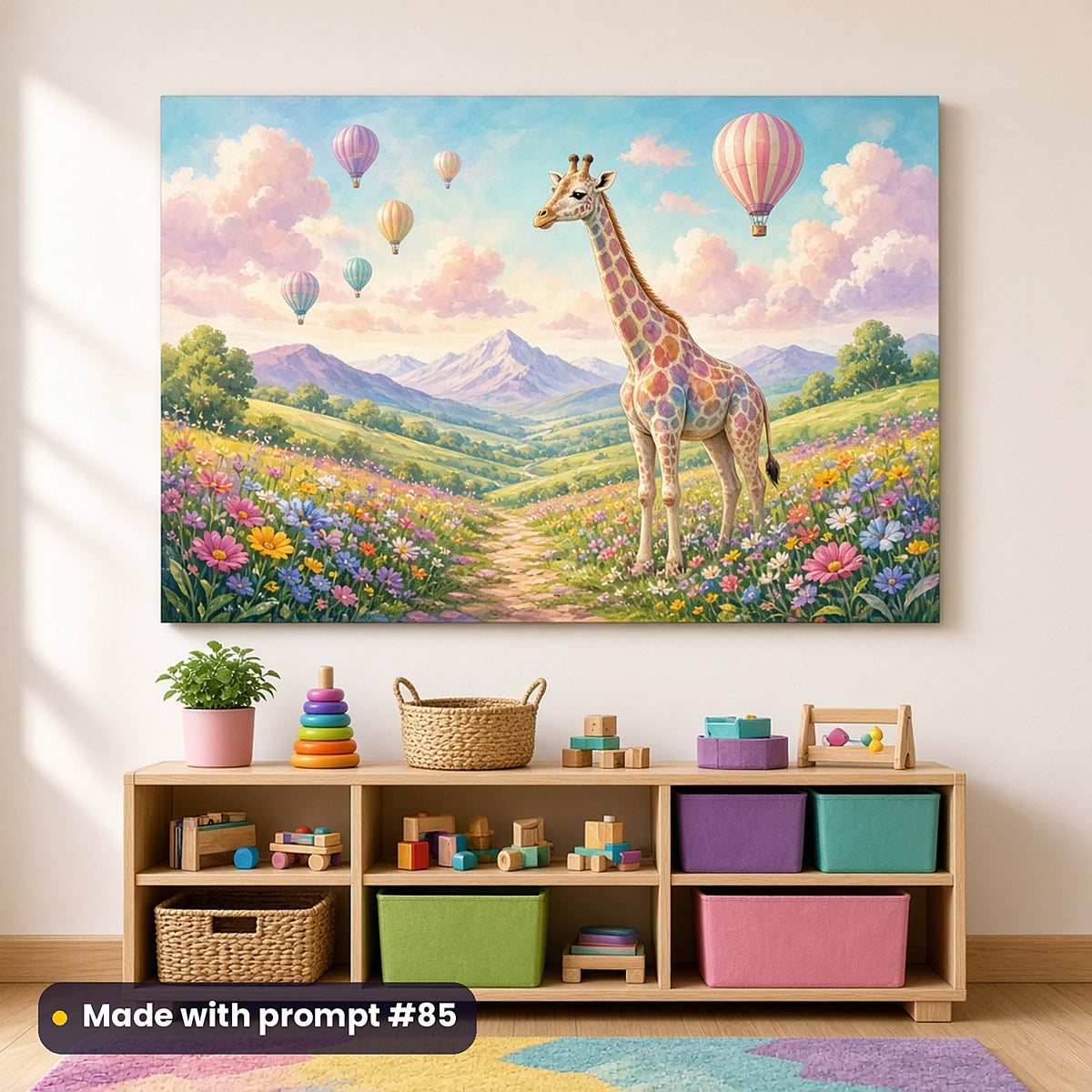 Giraffe Balloon Valleys kids' fantasy artwork UV-printed on an acrylic wall panel, made with prompt #85
