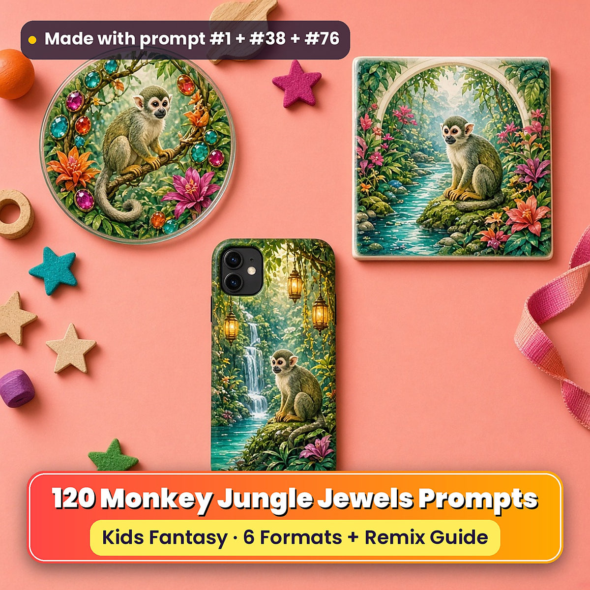 Monkey Jungle Jewels kids' fantasy prompt pack title card with UV-printed coaster, tile and phone case, made with prompt #1 + #38 + #76