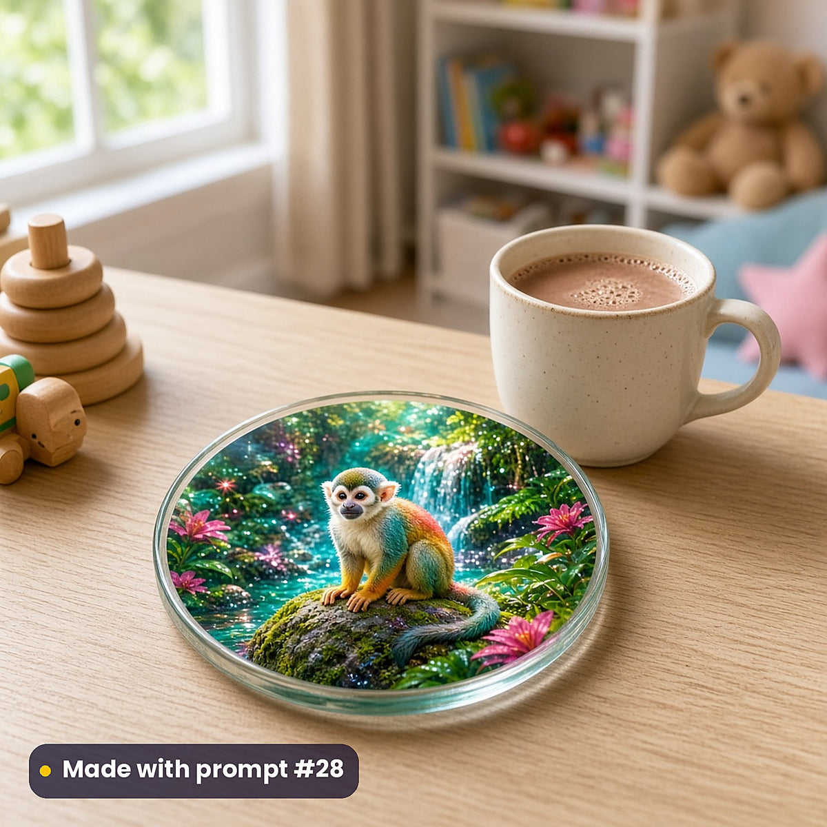 Monkey Jungle Jewels kids' fantasy artwork UV-printed on a glass coaster, made with prompt #28