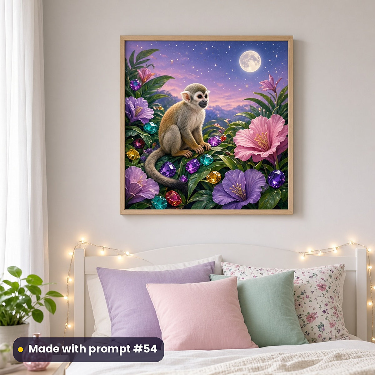Monkey Jungle Jewels kids' fantasy artwork UV-printed on a framed print, made with prompt #54