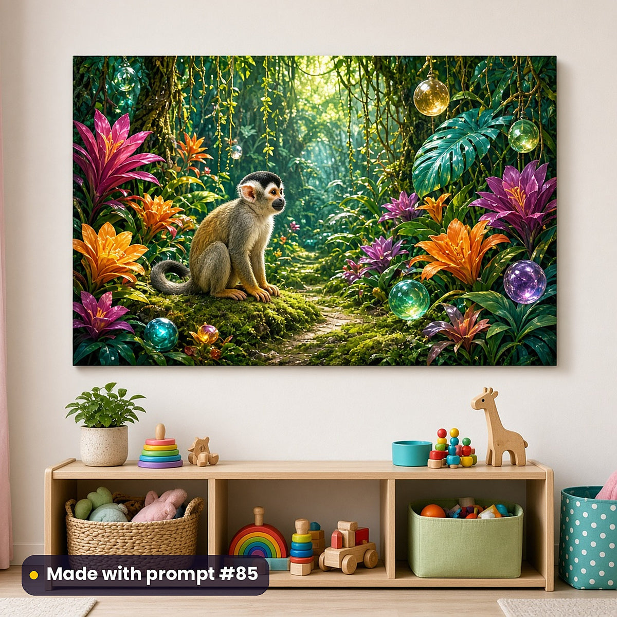 Monkey Jungle Jewels kids' fantasy artwork UV-printed on an acrylic wall panel, made with prompt #85