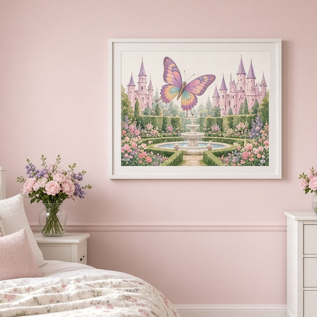 Giant magical butterfly in a palace garden shown as a flat framed print in a bedroom, made with prompt #12