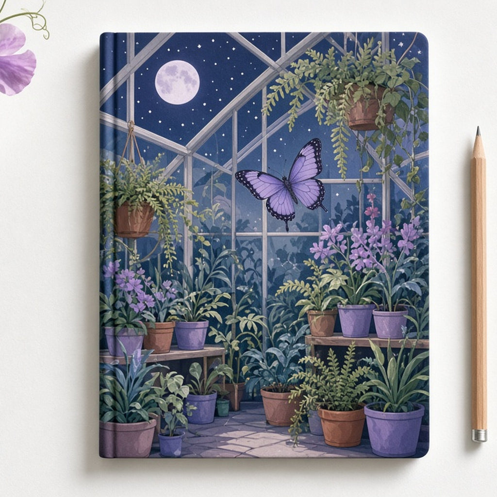 Butterfly in a moonlit greenhouse printed flat on a notebook cover, made with prompt #56