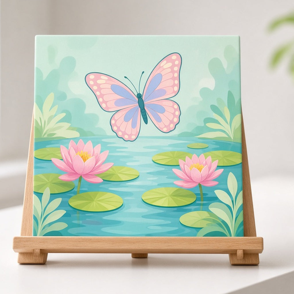 Luminous butterfly above water lilies printed flat on a ceramic tile on an easel, made with prompt #101