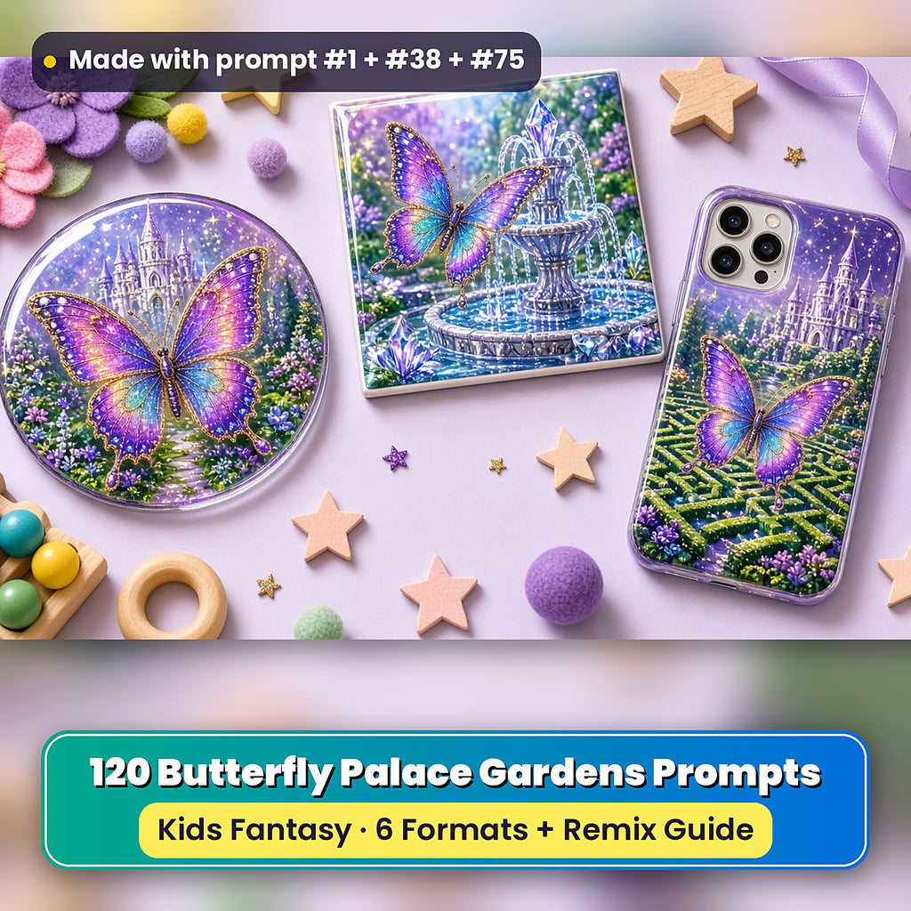 Butterfly Palace Gardens kids fantasy prompt pack: UV-printed coaster, tile and phone case set mockup, made with prompt #1 + #38 + #75