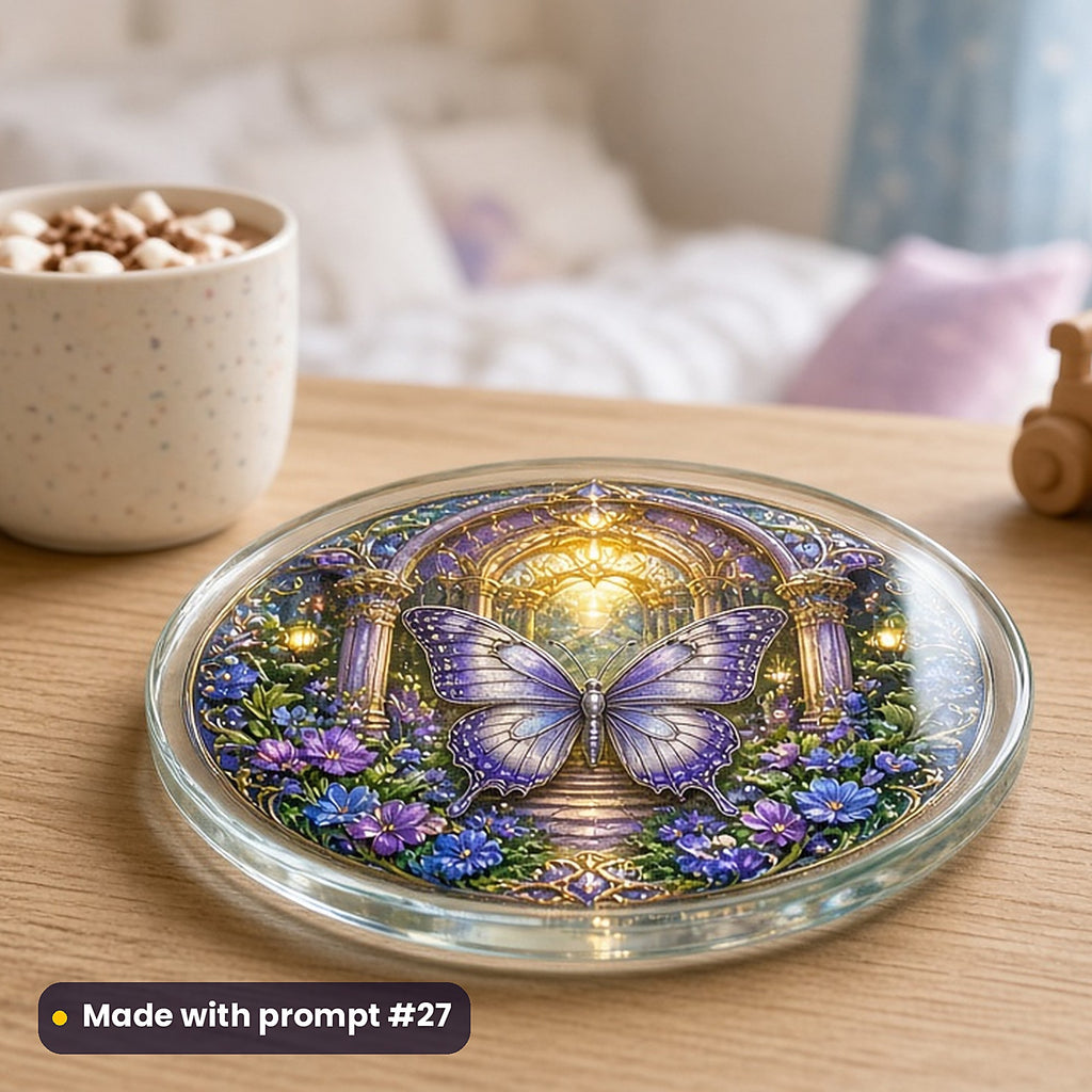 Butterfly Palace Gardens kids fantasy prompt pack: UV-printed glass coaster mockup, made with prompt #27