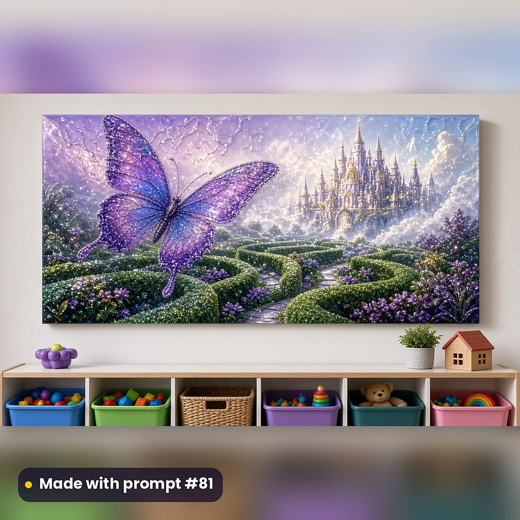 Butterfly Palace Gardens kids fantasy prompt pack: acrylic wall panel above a toy shelf mockup, made with prompt #81