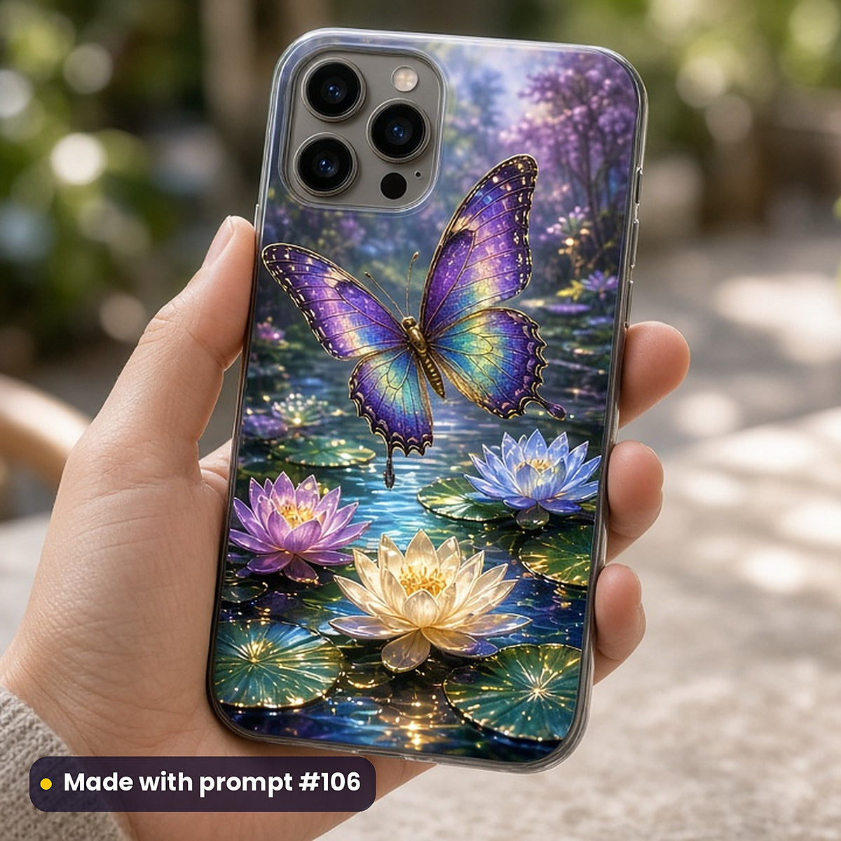 Butterfly Palace Gardens kids fantasy prompt pack: UV-printed phone case mockup, made with prompt #106