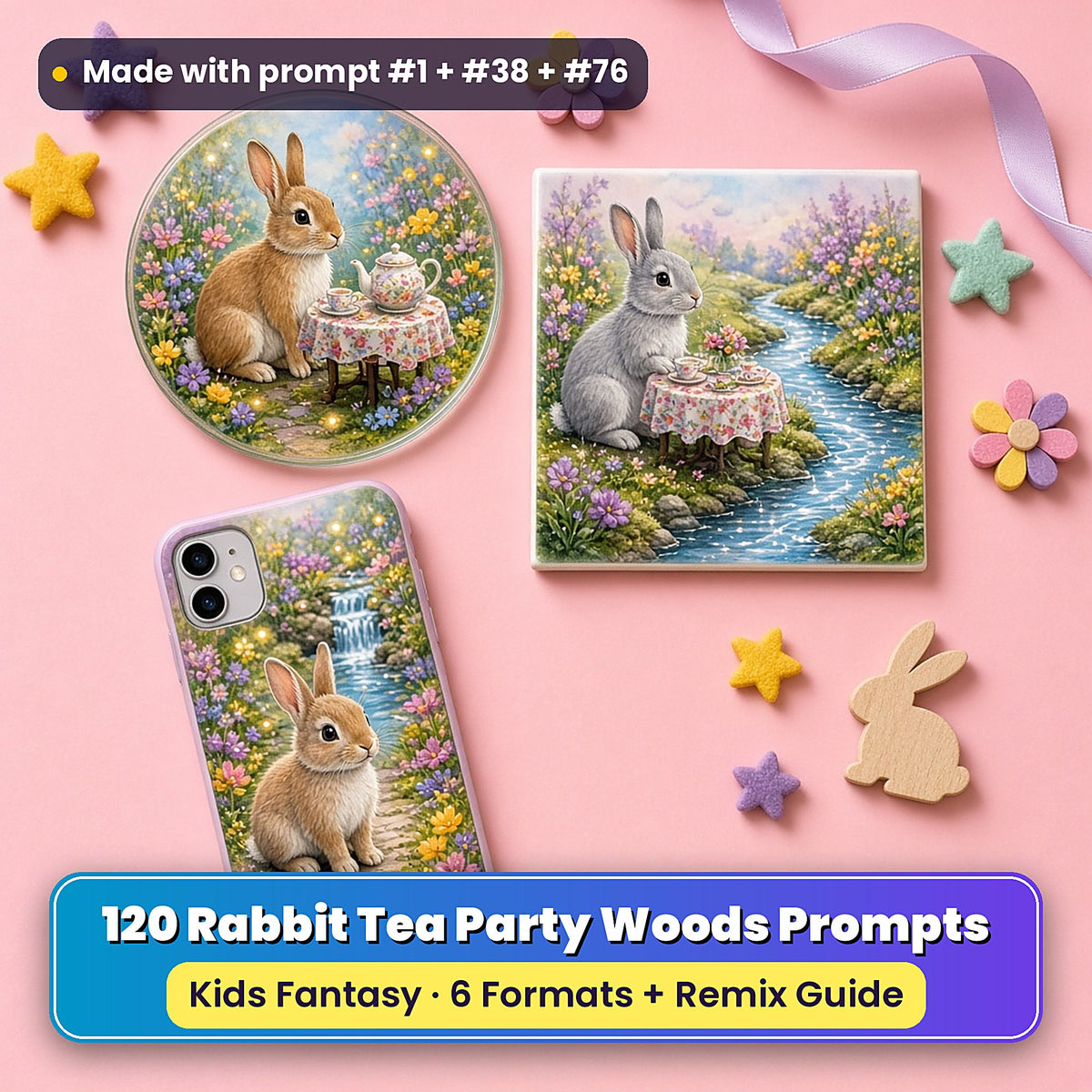 Rabbit Tea Party Woods kids' fantasy prompt pack title card with UV-printed coaster, tile and phone case, made with prompt #1 + #38 + #76