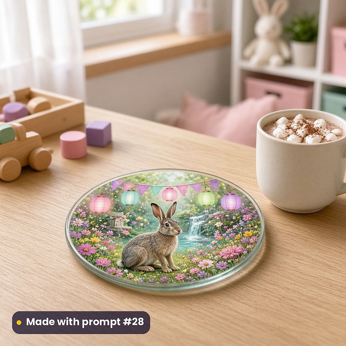 Rabbit Tea Party Woods kids' fantasy artwork UV-printed on a glass coaster, made with prompt #28