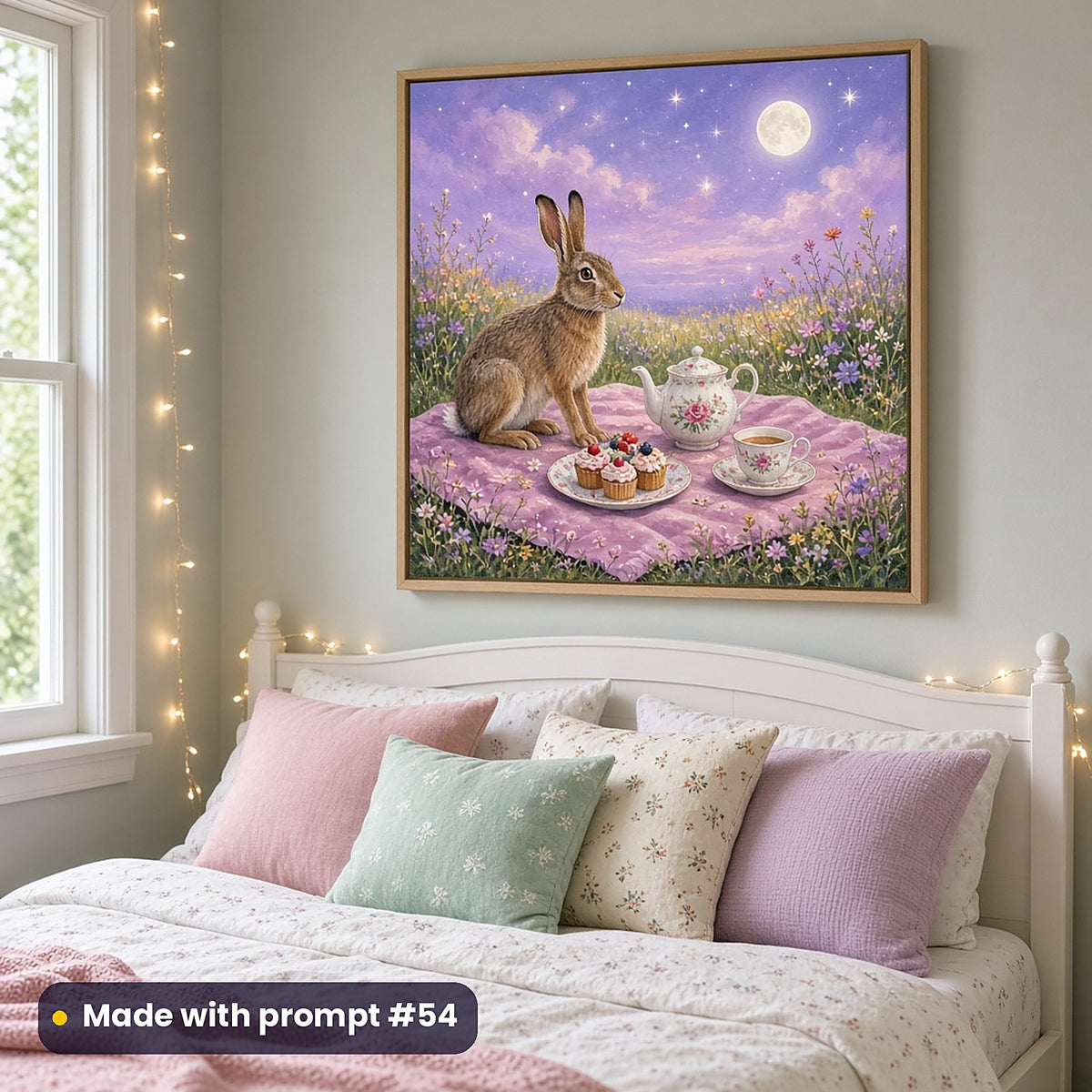 Rabbit Tea Party Woods kids' fantasy artwork UV-printed on a framed print, made with prompt #54