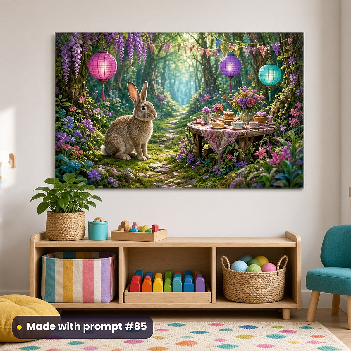 Rabbit Tea Party Woods kids' fantasy artwork UV-printed on an acrylic wall panel, made with prompt #85