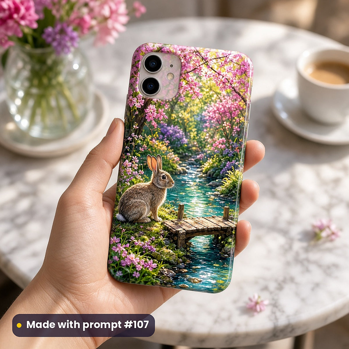 Rabbit Tea Party Woods kids' fantasy artwork UV-printed on a phone case, made with prompt #107