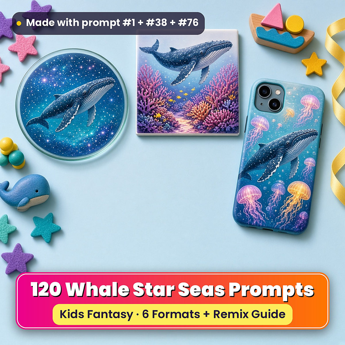 Whale Star Seas kids' fantasy prompt pack title card with UV-printed coaster, tile and phone case, made with prompt #1 + #38 + #76