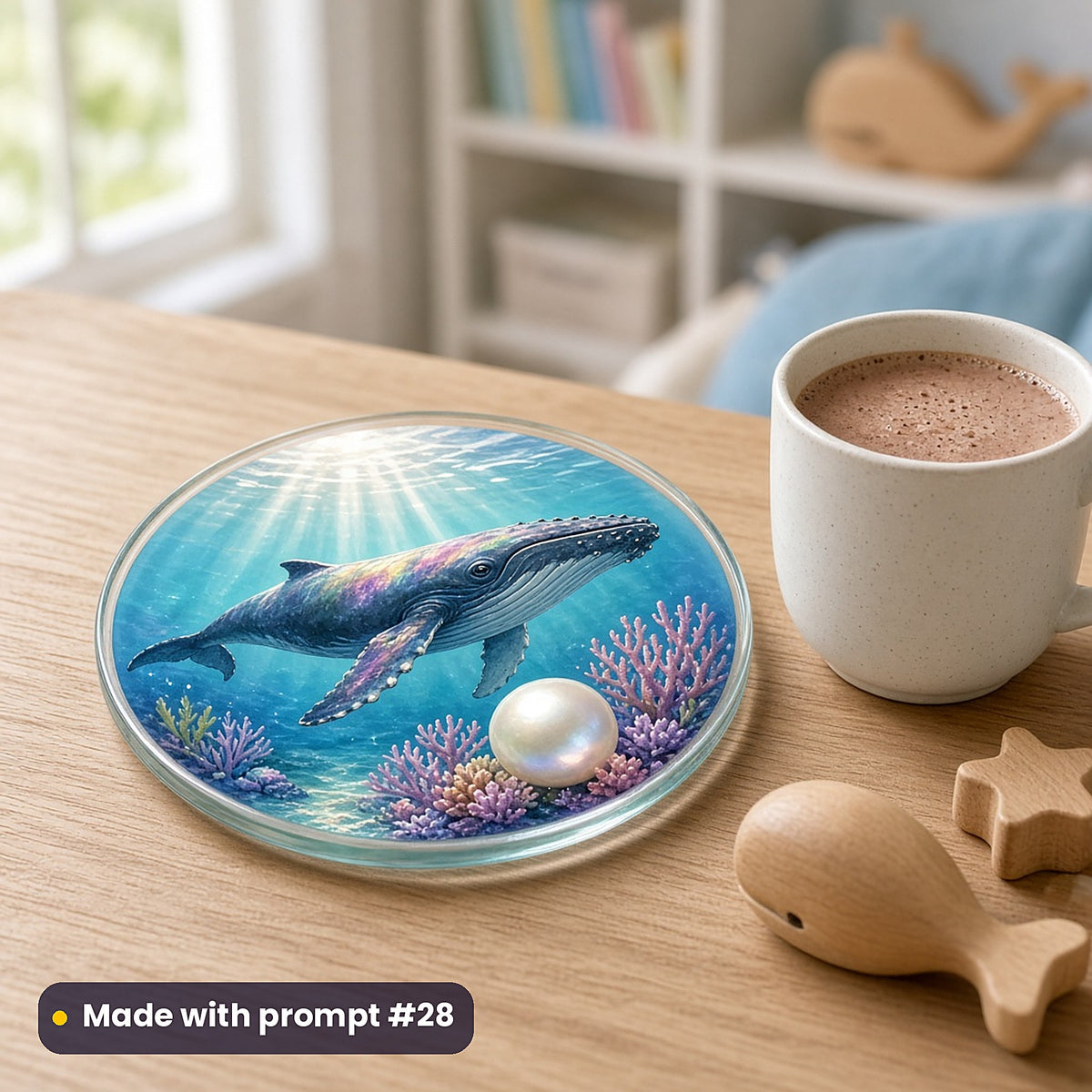 Whale Star Seas kids' fantasy artwork UV-printed on a glass coaster, made with prompt #28