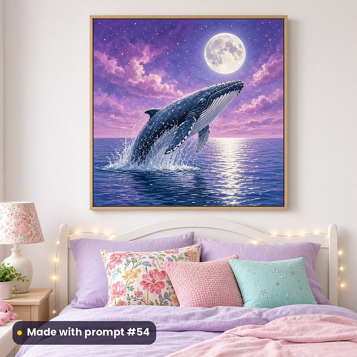 Whale Star Seas kids' fantasy artwork UV-printed on a framed print, made with prompt #54