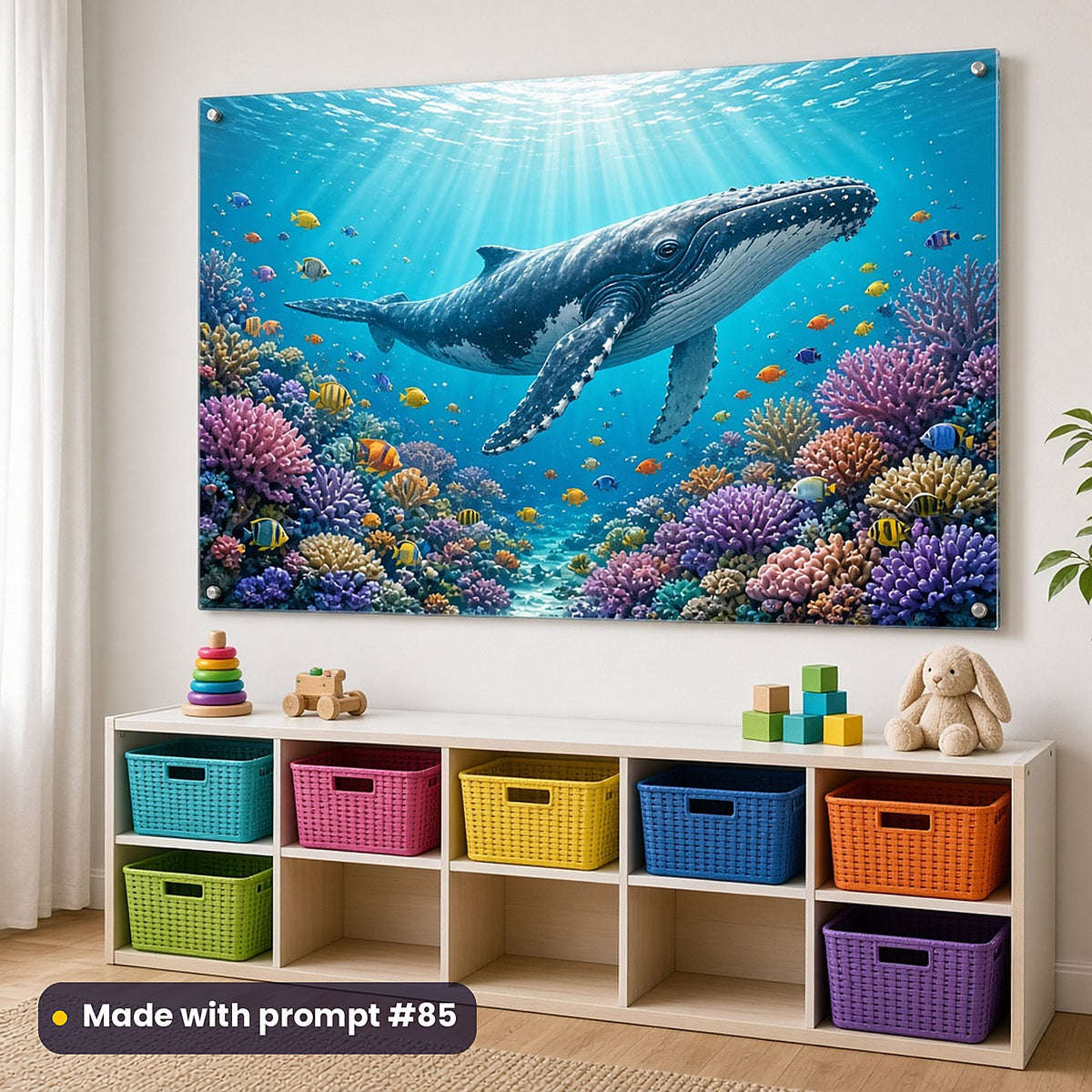 Whale Star Seas kids' fantasy artwork UV-printed on an acrylic wall panel, made with prompt #85