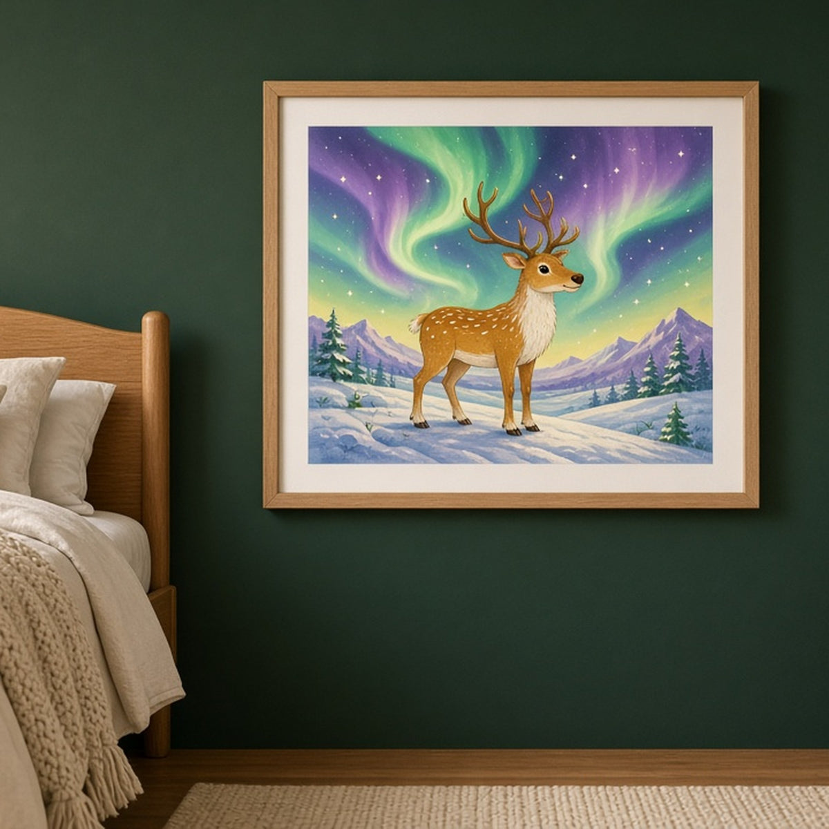 Magical reindeer under the northern lights shown as a flat framed print in a child's bedroom, made with prompt #12