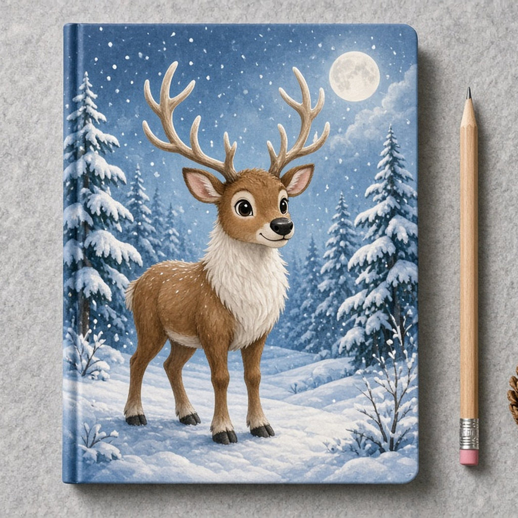 Reindeer in a moonlit winter forest printed flat on a hardback notebook, made with prompt #56