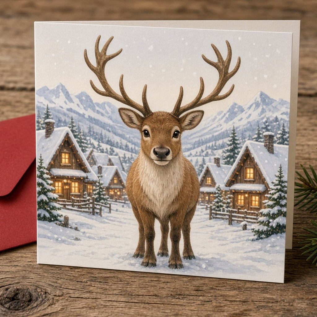 Reindeer before a cosy alpine village printed flat on a greeting card, made with prompt #101